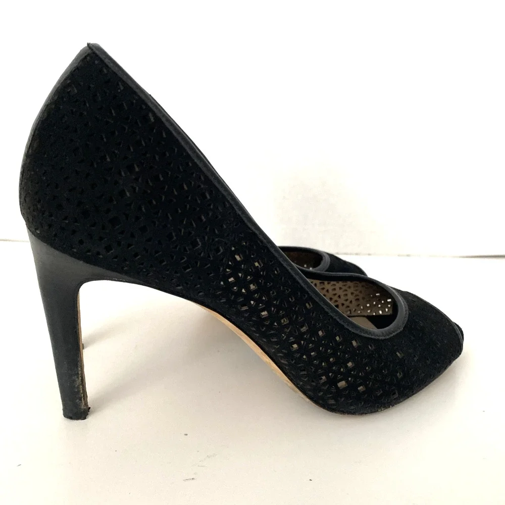 Tory Burch Elinor 90mm Pump Kid Suede Peep Toe Laser Cut Black Slim Heel 5.5